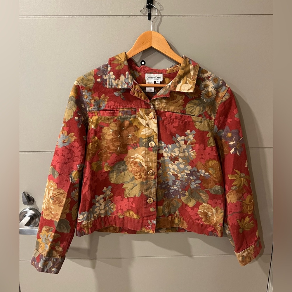 Coldwater Creek Womans Red Floral Button Front Lightweight Jacket Medium